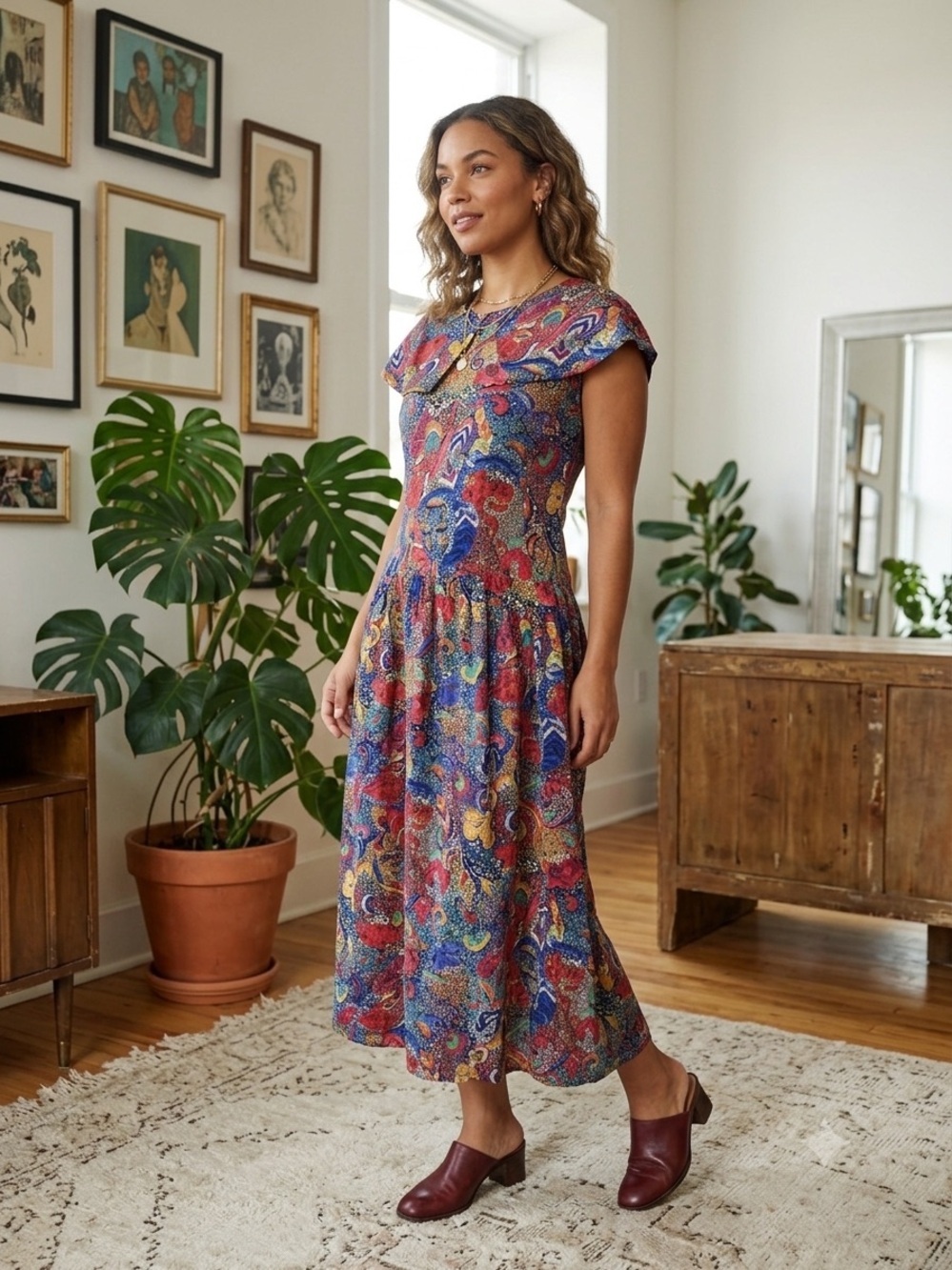 VTG Fiori Vibrant Paisley Floral Artsy Bold Pilgrim Collar MIDI Dress Large